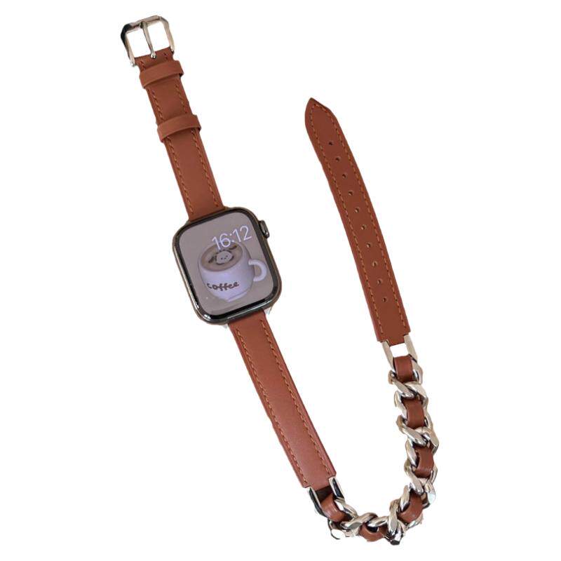 双圈不锈钢链小香风真皮适于苹果applewatchs978代65SE静静的表带