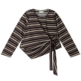 胖莹莹大码女装韩系时尚条纹设计感收腰T恤个性不规则系带打底衫