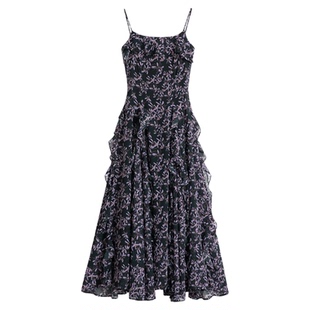 稀有概率 风的请柬 原创设计重工拼接碎花长裙女夏收腰吊带连衣裙