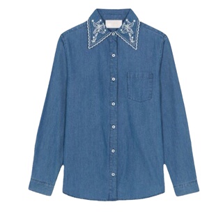 LYF明星同款高级感刺绣领叠穿软复古牛仔衬衫法式洋气质正肩上衣