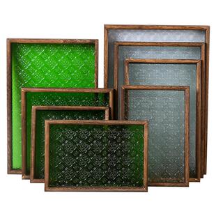 复古海棠花托盘长方形盘子家用木质点心盘杯子托盘茶盘新款玻璃盘