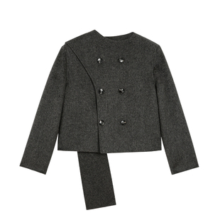 BLANK LABEL围巾领双排扣双面呢羊毛呢外套女秋冬季气质短款大衣