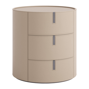 PAULJOHN现代简约马鞍皮床头柜卧室高级复古圆形三抽屉床边储物柜