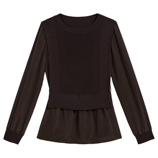 YINER音儿2025秋季新款美丽诺羊毛混纺智感拼梭假两件显瘦针织衫