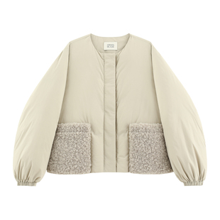 【洛侨】时髦圈圈毛呢拼接口袋轻盈感90白鹅绒保暖羽绒服-FW1352