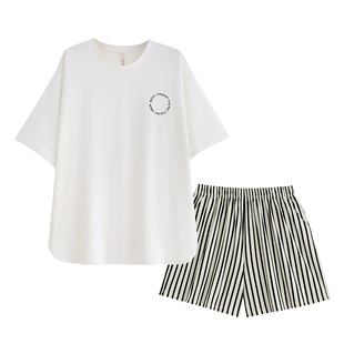 悦内带胸垫睡衣女款夏季纯棉短袖短裤家居服夏天夏款大码休闲套装