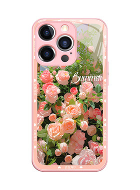 粉色玫瑰花适用苹果14promax手机壳iphone13新款12mini女11钢化玻璃xs/xr硬壳7p/8plus全包6splus创意se2/3代