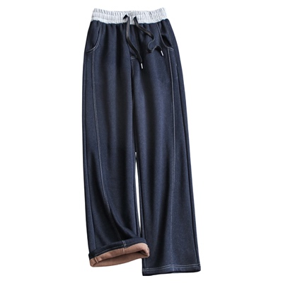 撞色松紧腰仿牛仔加绒加厚休闲裤