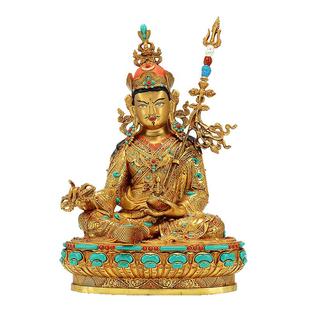 藏村全鎏金《莲花生大士》镶嵌彩珠家用《莲花生大师》铜像摆件