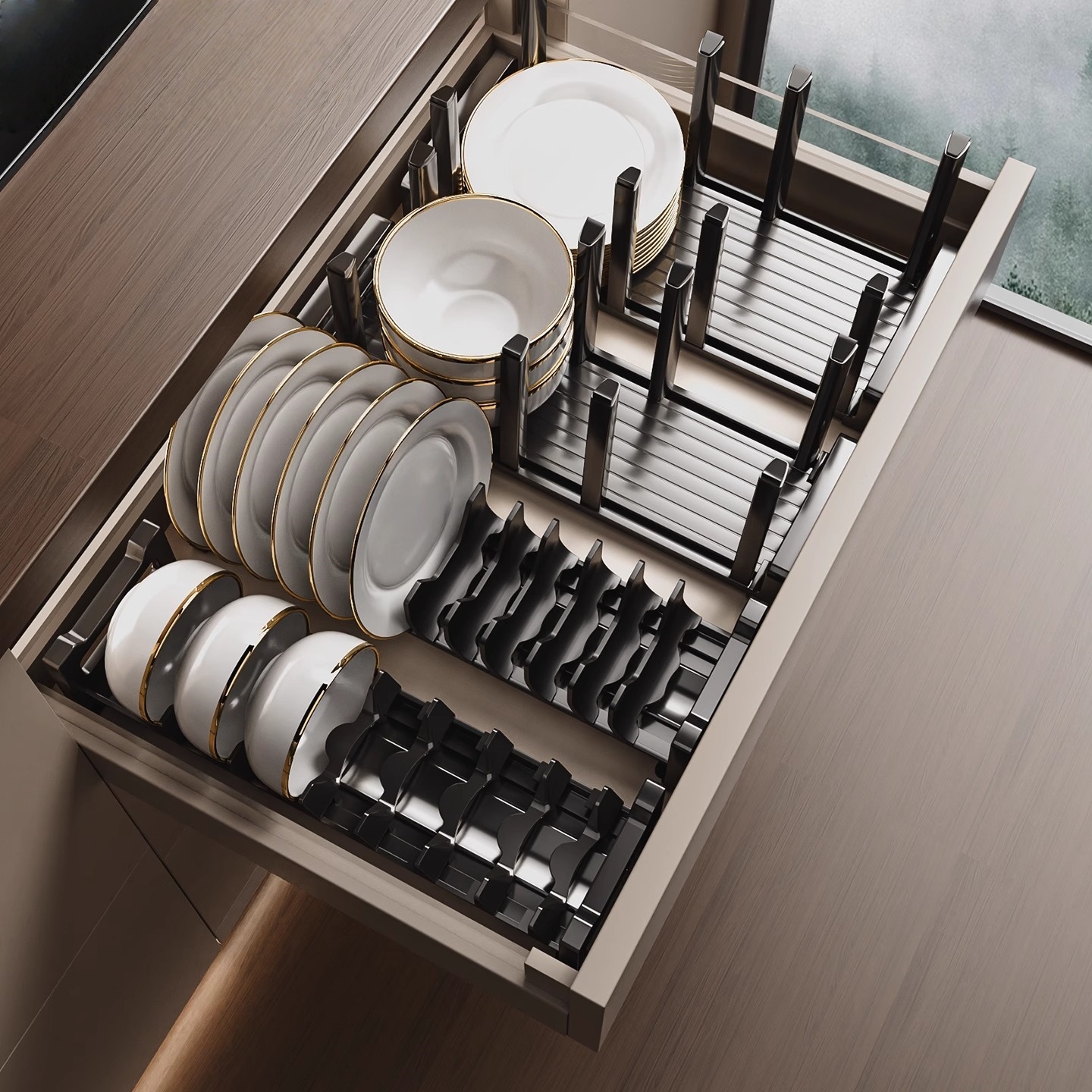 厨房抽屉式碗碟收纳架橱柜内置碗架餐具收纳分隔放碗盘子带接水盘