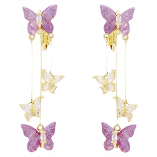 「春日满园」长款紫色蝴蝶流苏蚊香盘耳夹无耳洞耳钉时尚重工耳饰