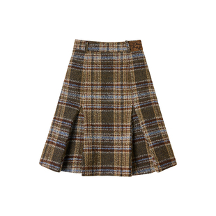 【暮色诗笺】Uena美式复古学院风棕色格纹绵羊毛呢中长款半身裙女