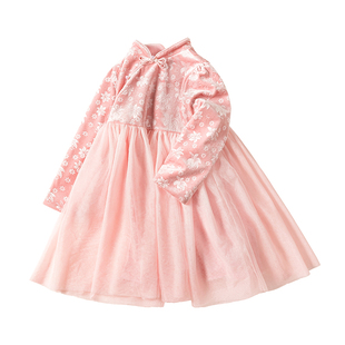 斯纳菲女童连衣裙25冬装新款儿童公主裙新中式国风粉色加绒拜年服