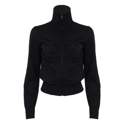 WEEKEEP 黑色工装立领褶皱拉链长袖夹克外套女街头百搭收腰上衣