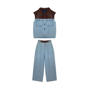 CIZZLEMORE 纱线竹节休闲装天丝凉感长裤夏季拼皮上衣牛仔套装女