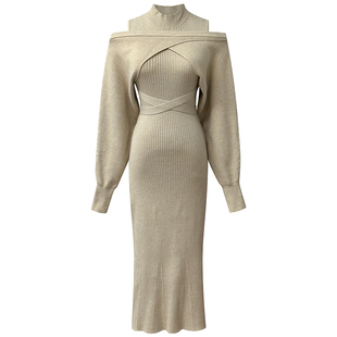 弹力针织两件套罩衫连衣裙秋冬新款纯欲慵懒半高领无袖修身套装女