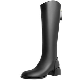 百丽粗跟弹力靴女2023冬季新款高长靴子显瘦长筒靴骑士靴A2G1DDG3