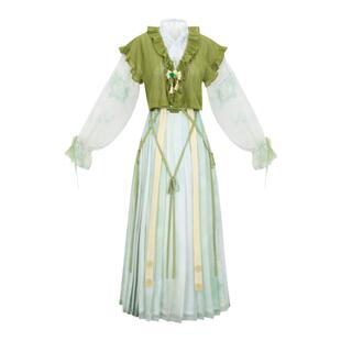 花朝记｜春风绿｜汉服元素针织唐背子浅交领衫一片式褶裙少女可爱