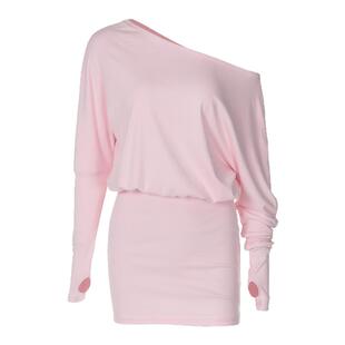 粉色温柔斜肩长袖连衣裙2026秋冬新款辣妹修身显瘦性感包臀短裙女