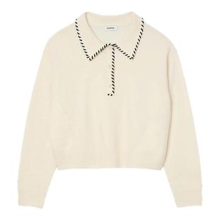 季末7折SANDRO2025秋冬新款女装迪木尔风绵羊毛白色明线针织衫