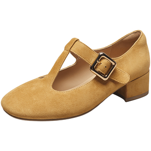 意尔康真皮T字玛丽珍女鞋2026春季新款粗跟浅口通勤勃肯鞋小皮鞋