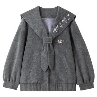 KEIKO 学院风海军领短款羊毛呢外套冬季气质减龄字母绣花短绒大衣