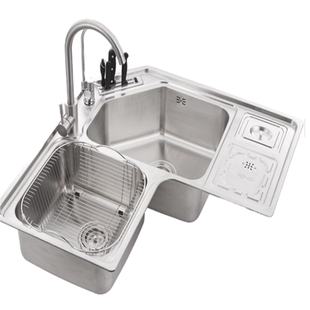 柔美304厨房不锈钢水槽异形水槽转角水槽拐角智能洗菜盆净水龙头