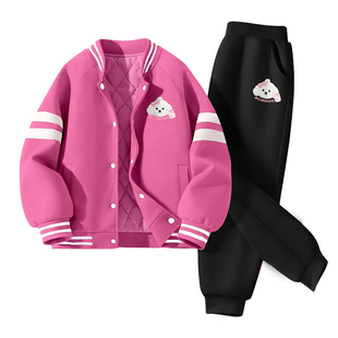 巴布豆女童冬季套装2026新款洋气女孩儿童夹棉棒球服外套加绒裤子