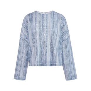 阔色蓝色条纹镂空长袖衬衫小衫女2026春季穿搭新款宽松衬衣上衣秋