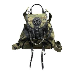 CYNOX原创小众朋克摇滚黑色迷彩铆钉潮调节亚黑皮链条流苏双肩包