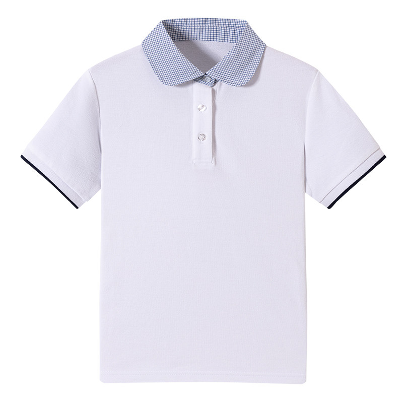 伊顿校服男女白色格子领短袖POLO