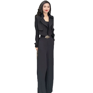 2026早春新款时尚连体裤套装洋气显瘦短款上衣外套阔腿裤两件套女