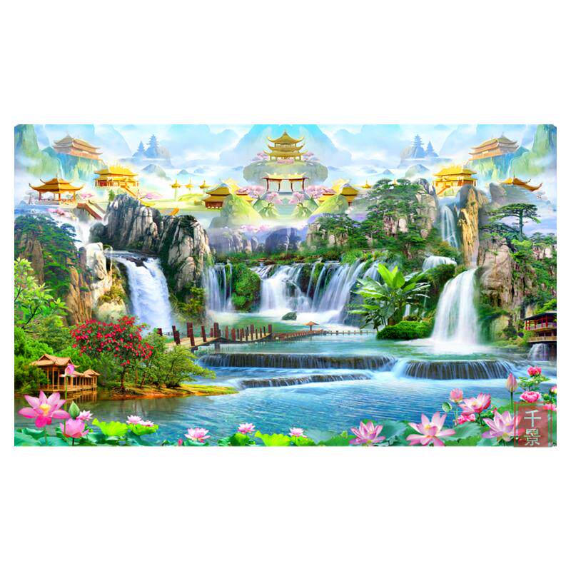 山水画背景墙中式壁画定制佛堂墙面装饰墙纸堂口供奉南天门壁画布