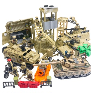 乐于高积木99式坦克剑齿虎猛士装甲悍马车吉普拼装军事特种兵人仔