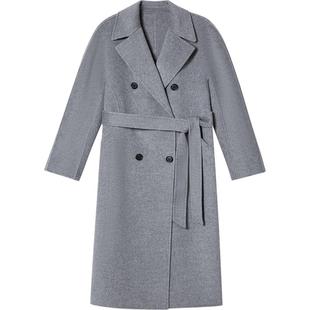 LK BENNETT灰色绵羊毛大衣女冬季气质高级双排扣收腰系带毛呢外套