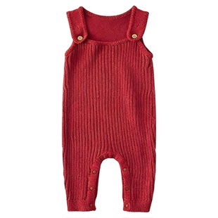 宝宝新年红色针织背带裤毛线裤秋冬圣诞连体爬服全棉婴儿外出服