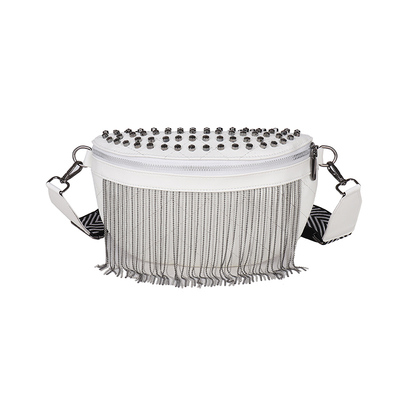 25新款白色皮质铆钉流苏胸包