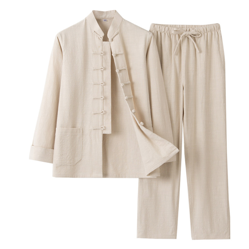 棉麻唐装男长袖套装中式服装茶服