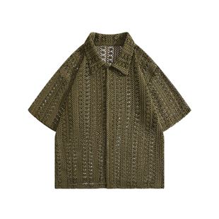 BOYUE帛跃夏季国潮复古镂空针织衬衫军绿色百搭个性男女短袖罩衫