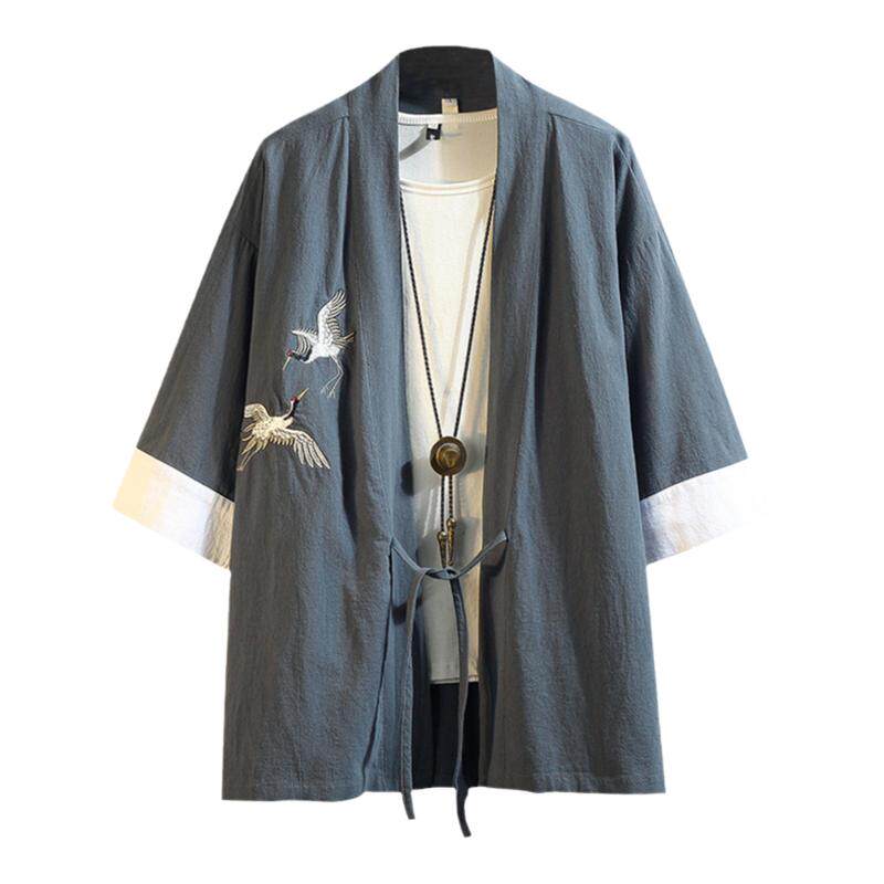 古风夏季中国风仙鹤刺绣亚麻外套汉服男古装宽松棉麻居士道袍道服