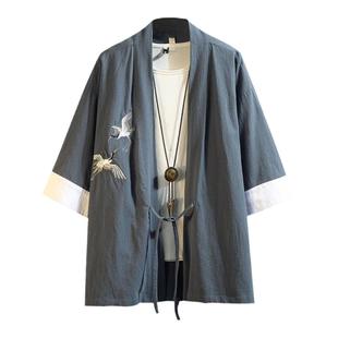 古风夏季中国风仙鹤刺绣亚麻外套汉服男古装宽松棉麻居士道袍道服