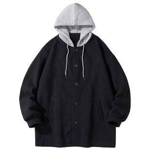 假两件黑色毛呢大衣街头酷盐系中性风女装秋冬季呢子外套炸街bf风