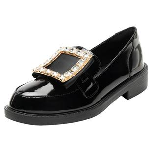 乐福鞋女2023新款秋冬季一脚蹬英伦黑色真皮小皮鞋水钻rv方扣单鞋