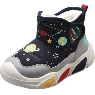 牧童儿童雪地靴2025冬季新款男童皮面宝宝闪灯鞋加绒加厚女童棉鞋