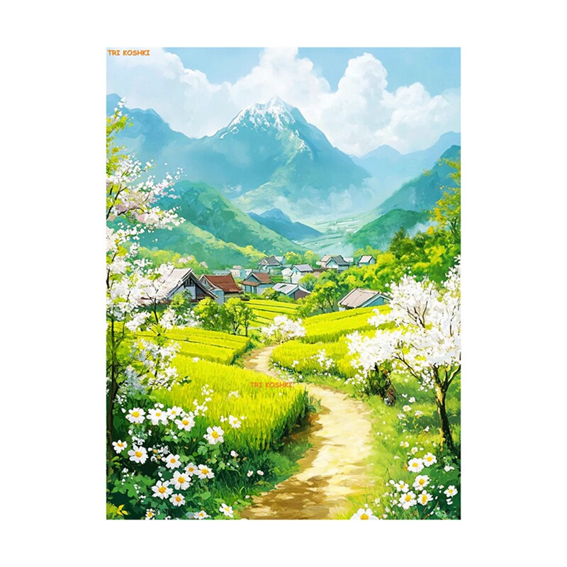 春天风景山水画油画风格墙贴玄关客厅沙发背景墙贴治愈系插画自粘