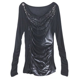 DoublePunch早秋原创荡领斜肩多穿法烫钻复古印花造型打底衫上衣