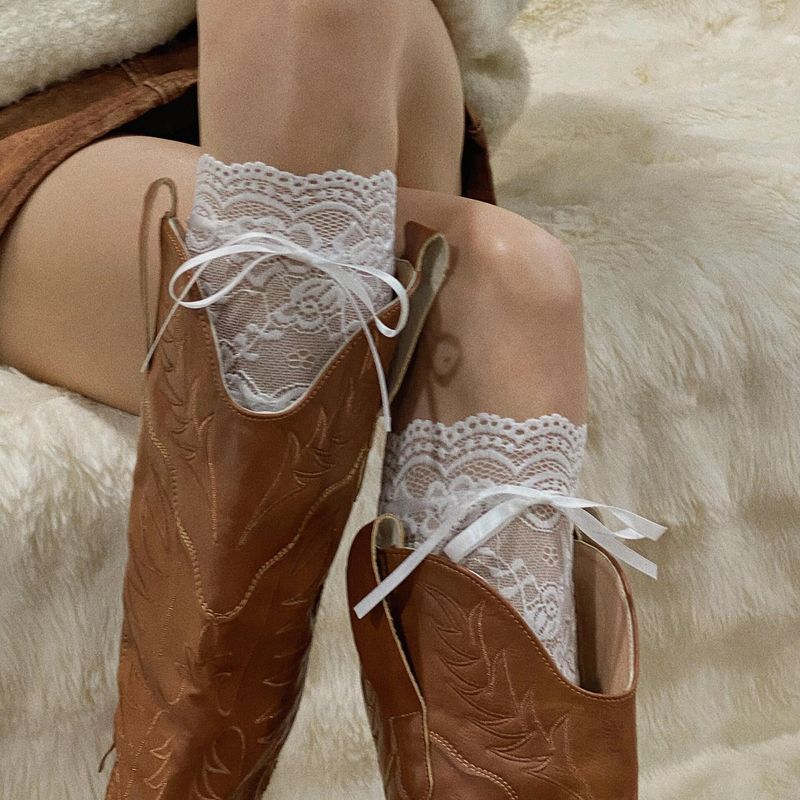 蕾丝小腿袜子女春秋款中筒袜纯棉蝴蝶结美拉德配靴子的过膝长筒袜