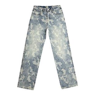 美式潮牌复古水洗做旧满印提花牛仔裤男春夏季宽松小直筒百搭长裤