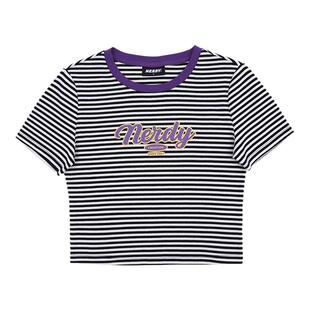 NERDY2024夏装新款女士甜辣露脐撞色条纹辣妹短袖T恤内搭修身上衣