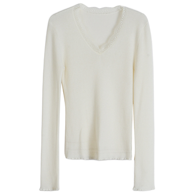 蕾丝边羊毛混纺修身V领针织衫